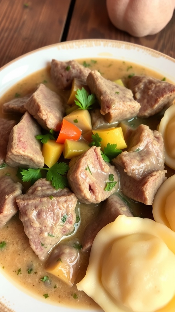 Svíčková na smetaně with beef in creamy sauce and Czech dumplings on a rustic table.